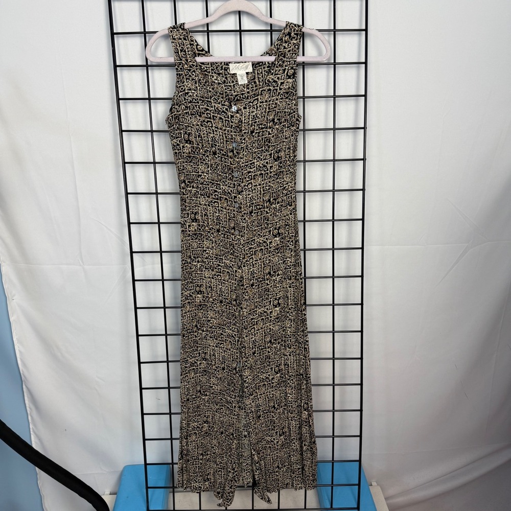 Vtg Lord & Taylor Maxi Dress Womens 10 Brown Geometric Button Front Sleeveless